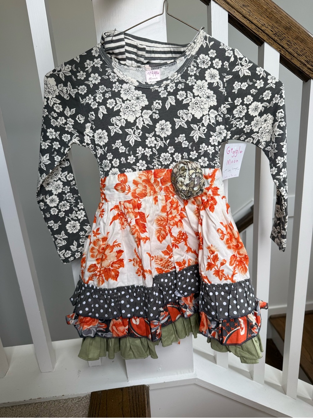 Giggle Moon Orange & Gray Floral Tiered Long-Sleeve Dress